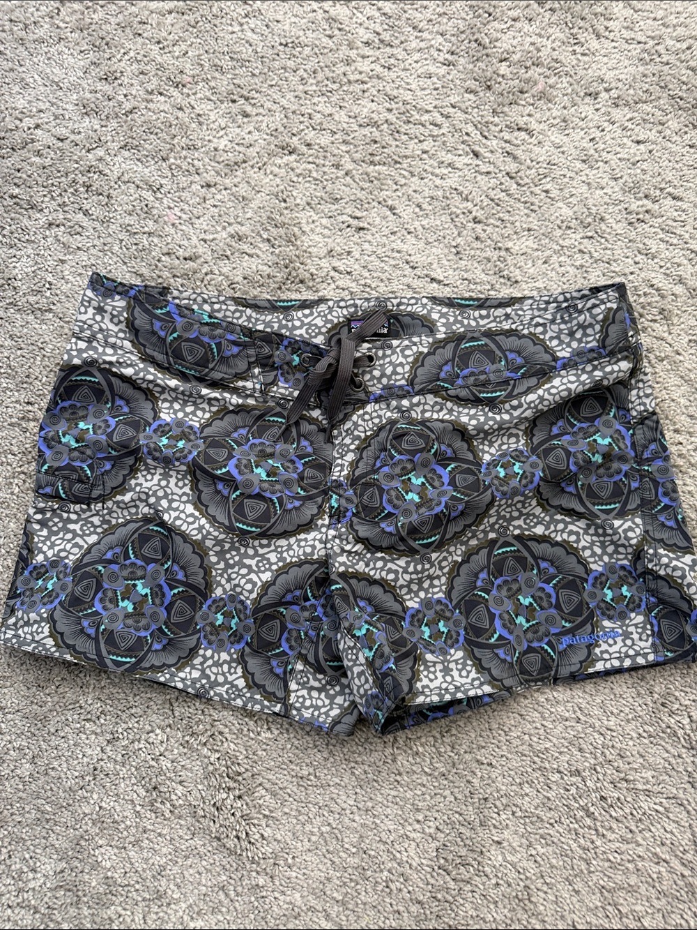 Patagonia Gray Board Shorts with Blue and Teal Pattern